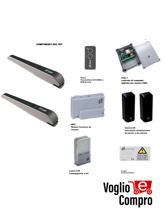 KIT AUTOMAZIONE V2 AXIL 230V COMPLETO PER CANCELLO A 2 ANTE FINO A 2,8 MT