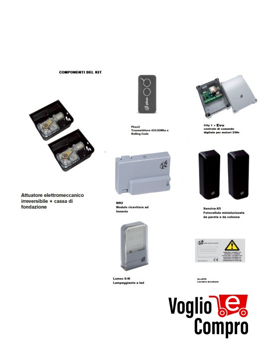 KIT AUTOMAZIONE INTERRATO V2 VULCAN 230V PER CANCELLO 2 ANTE BATTENTE FINO 3,5Mt