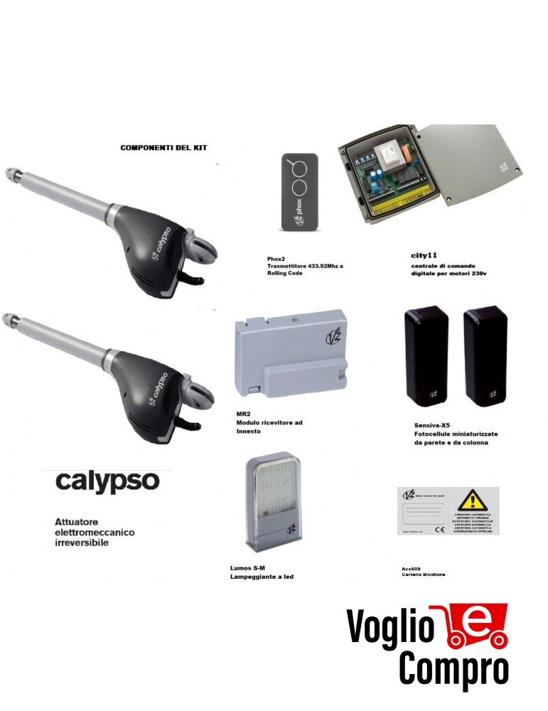 KIT AUTOMAZIONE V2 PER CANCELLO A 2 ANTE 2,5 Mt MOTORE CALYPSO CENTRALE CITY 11