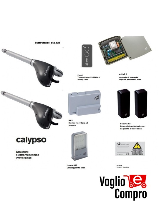 KIT AUTOMAZIONE V2 PER CANCELLO A 2 ANTE 2,5 Mt MOTORE CALYPSO CENTRALE CITY 11