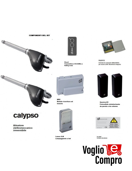 KIT AUTOMAZIONE V2 PER CANCELLO A 2 ANTE 2,5 Mt MOTORE CALYPSO CENTRALE FLEXY2