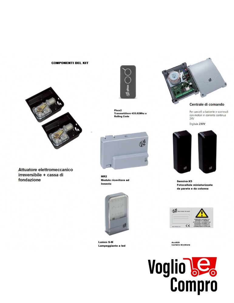 KIT AUTOMAZIONE INTERRATO V2 VULCAN 24V PER CANCELLO 2 ANTE BATTENTE FINO 3,5Mt